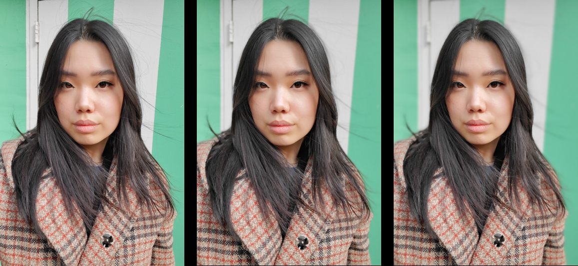 Three selfies of woman with gradual bokeh photography effect