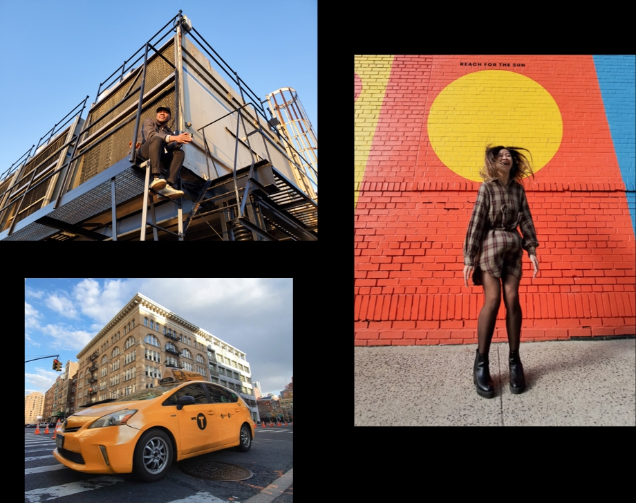 Man sitting on top of a ledge, woman jumping in front of mural and a taxi cab driving through the city