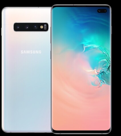 The back-view of a white Galaxy S10 phone, with a front-facing black Galaxy S10 phone on top