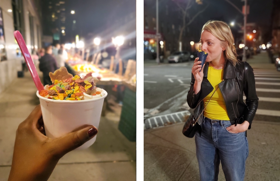close-up shot of someone holding a cup of ice cream against a bokeh background, close-up shot of a woman eating an ice cream with bokeh lights in the background