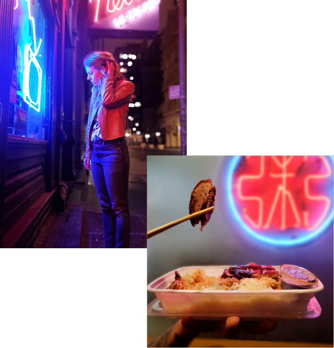 lady standing in front of a neon sign shop, a close-up shot of chinese takeout held up against a neon light