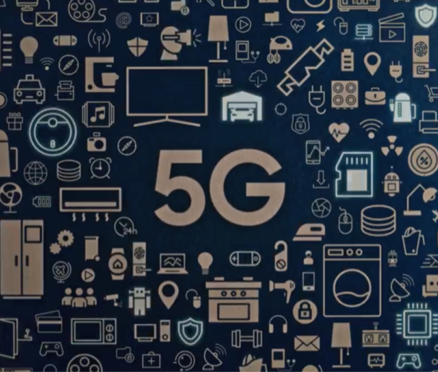 A tightly-formed collage of icons of household items sit against a blue background. They surround the word “5G” which is in the center.