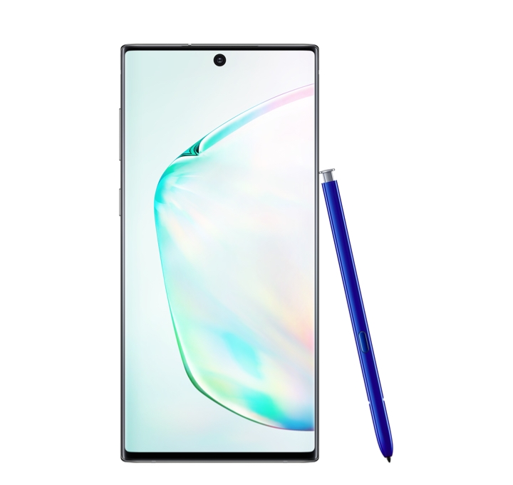 Galaxy Note10 | 10+ Front view of a black Galaxy Note10 with a blue S Pen leaning against its right side