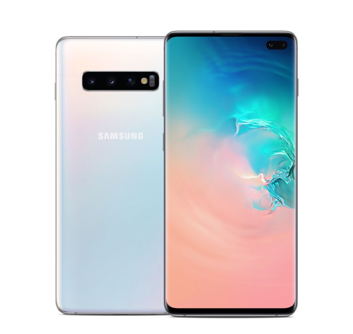 Back of a prism white Galaxy S10 phone, with the front of a black Galaxy S10 phone slightly overlaying on top Back of a prism white Galaxy S10 phone, with the front of a black Galaxy S10 phone slightly overlaying on top