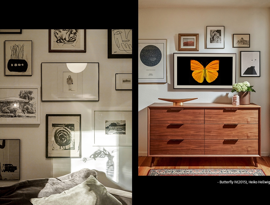 On the white wall, Heiko Hellwig's Butterfly IV (2015), displayed on Samsung The Frame, hangs harmoniously with other artworks.
