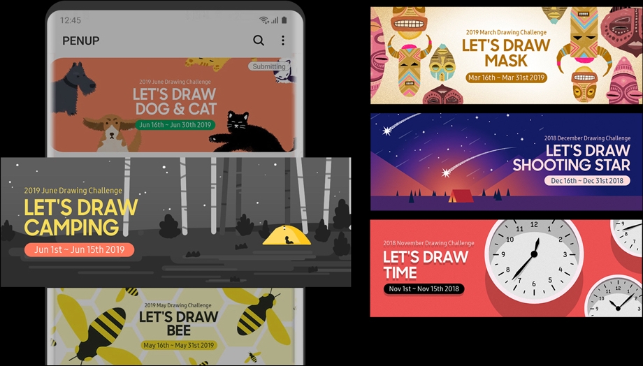 Banners of PENUP community drawing challenges (L to R): Dog & Cat; Camping; Bee; Mask; Shooting Star; and Time