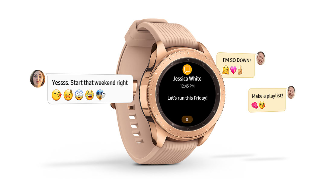 Rose Gold Galaxy Watch with encouraging text notifications