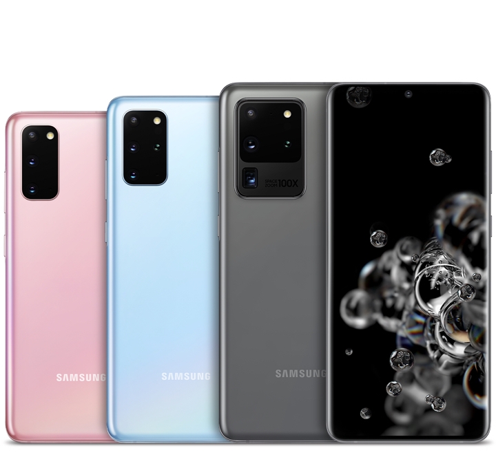 Back views of a Cloud Pink Galaxy S20, a Cloud Blue Galaxy 20+ and a Cosmic Grey Galaxy S20 Ultra 5G overlapping each other, the products are shown from side to side with the S20 on the bottom left