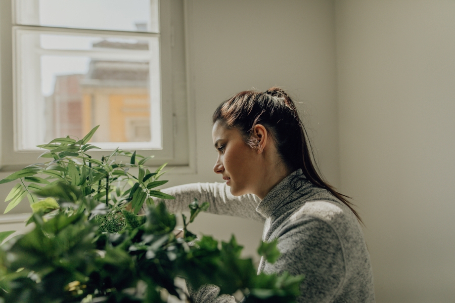 A lady crouched down and watering a plant