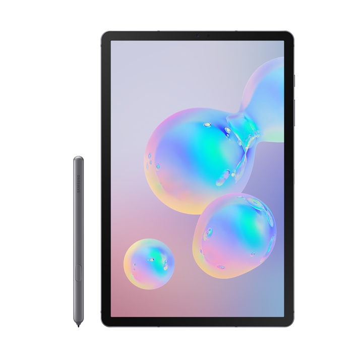 Dark grey Samsung Galaxy Tab S6 tablet propped up to stand as an S Pen rests at its side