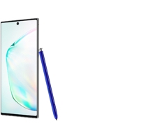A single product shot showing a slightly tilted side view of a Galaxy Note10 with a blue S Pen leaning on it