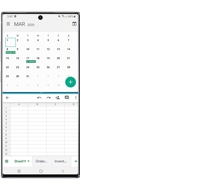 A product shot of a Galaxy Note 10. You can see a calendar on the top half of the screen and a spreadhseet on the bottom