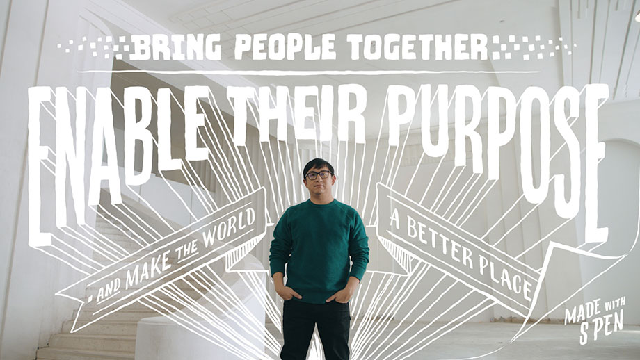 The Co-Founder of Twitch and Gold House standing with his hands in his pockets while facing the camera. There is handwriitten script overlayed on top of the photo and all around him that reads: "Bring people together. Enable ther purpose and make the world a better place. Made with S Pen".