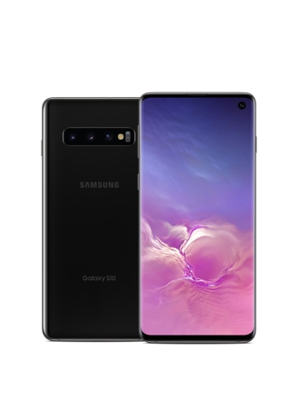 Frontal view of a prism white Samsung Galaxy S10 smartphone with a rear view of the phone behind it