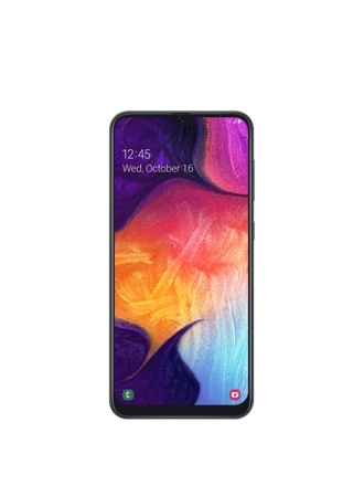 Frontal view of a black Samsung Galaxy A50 smartphone with a pink, purple and blue swirled pattern on the home screen 