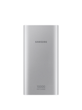 Front of a silver colored Samsung Wireless Charger Portable Battery 10,000 mAh