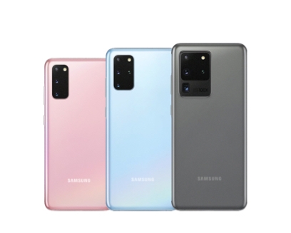 Back views of a Cloud Pink Galaxy S20, a Cloud Blue Galaxy 20+ and a Cosmic Grey Galaxy S20 Ultra 5G overlaying eachother from side to side with the S20 being on the bottom