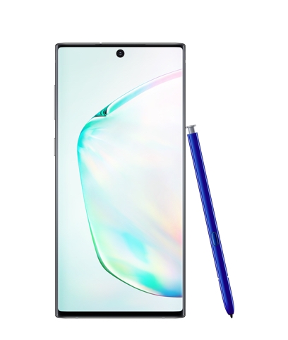 Front-facing shot of an upright Galaxy Note10 with an S Pen leaning on the side of it