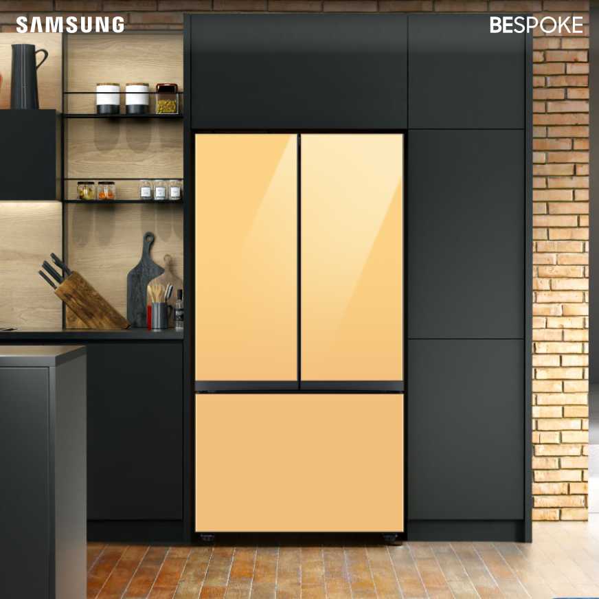 Samsung Bespoke 3-Door French Door Refrigerator (24 cu. ft.) with Beverage Center™ in Sunrise in Yellow Glass(BNDL-1650309518422)