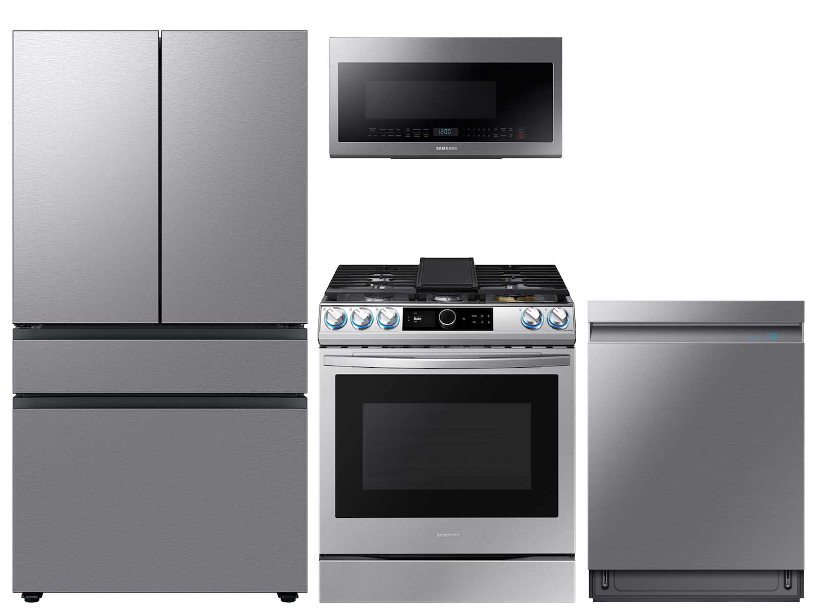 Samsung SARERADWMW10447 4 Piece Kitchen Appliances Package with French Door  Refrigerator, Gas Range, Dishwasher and Over the Range Microwave in  Stainless Steel