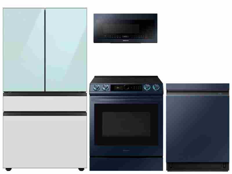 BESPOKE 4-Door French Refrigerator in Morning Blue Glass with Smart Slide-in Electric Range, Smart Linear Wash Dishwasher and Over-the-Range Microwave in Navy Steel