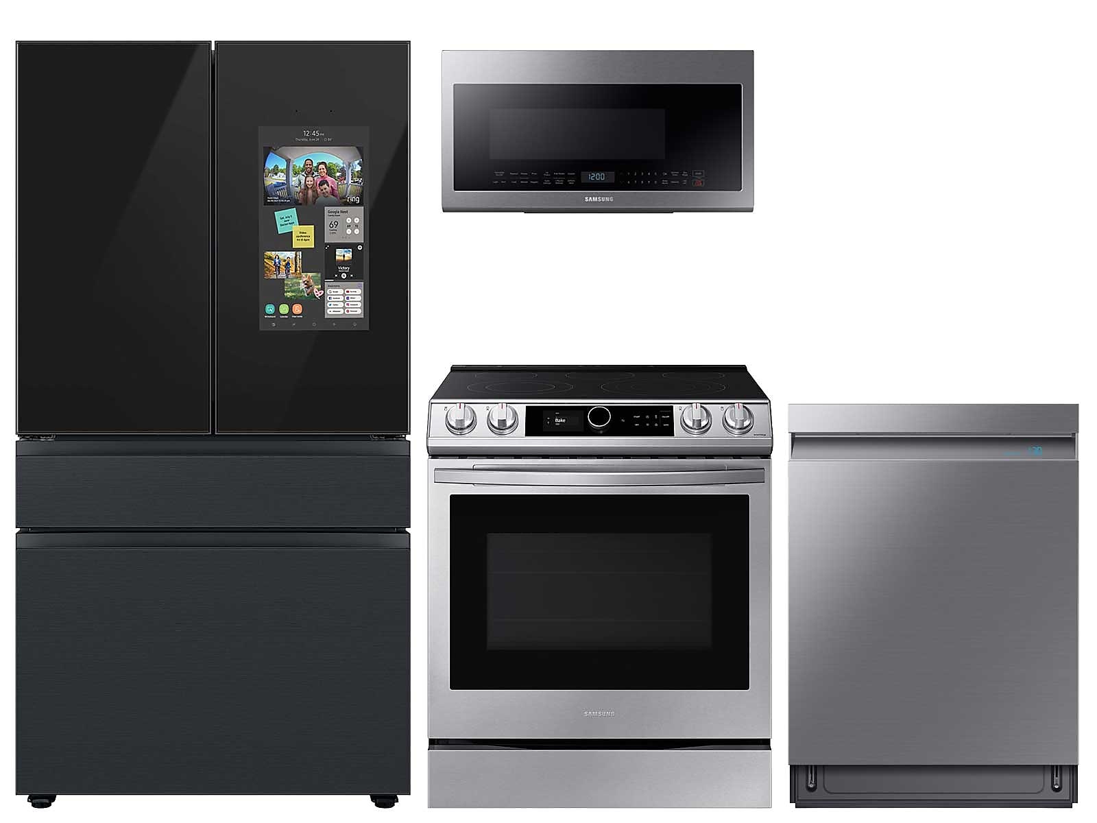 Samsung BESPOKE Family Hub 4-Door French Refrigerator in Charcoal Glass with Smart Slide-in Electric Range, Smart Linear Wash Dishwasher and Over-the-Range Microwave in Stainless Steel