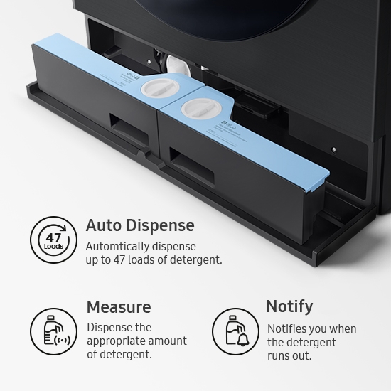 Bottom view of washer dry combo with detergent compartment showing auto dispense features