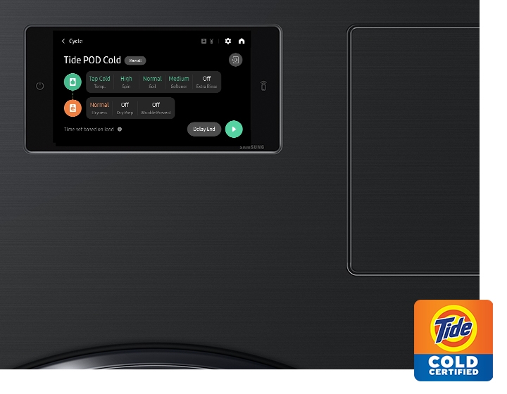 Close up view of LCD display using Tide POD cycle and Tide Cold Certified logo