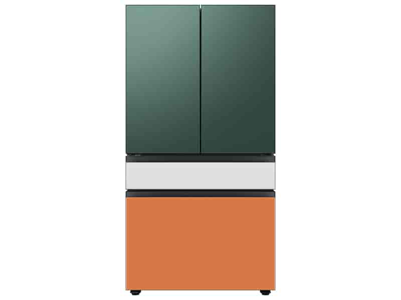 Bespoke 4-Door French Door Refrigerator (29 cu. ft.) with Customizable Door Panel Colors and Beverage Center™ in Emerald Green Steel Top, White Glass Middle, and Clementine Glass Bottom Panels