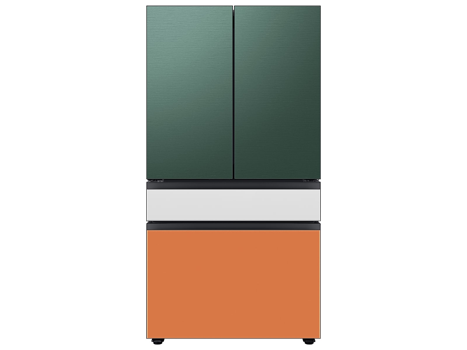 Samsung Bespoke 4-Door French Door Refrigerator (29 cu. ft.) with Customizable Door Panel Colors and Beverage Center™ in Emerald Green Steel Top in White Glass Middle, and Clementine Glass Bottom Panels