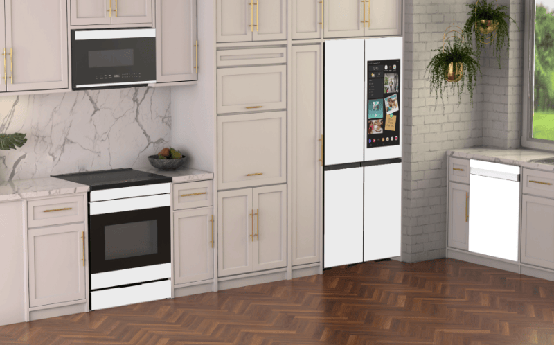 Bespoke Microwave, Induction Range, 4-Door Flex™ Refrigerator and Dishwasher in White Glass in a kitchen with tan cabinets.