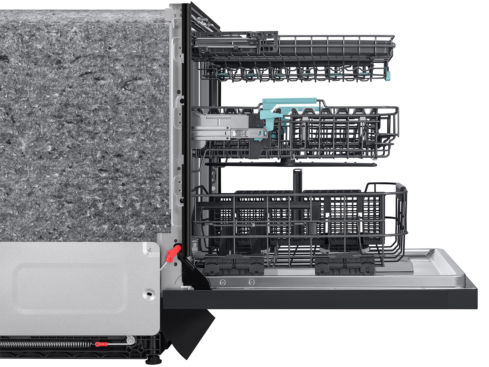 Thumbnail image of Side View of the 38 dBA quiet Bespoke dishwasher with 3rd rack, Energy Star certification, StormWash+, & Smart Dry with AutoRelease door in Matte Black Steel