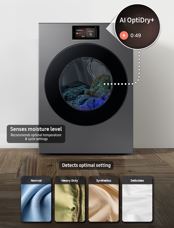 Front view of Bespoke AI Ultra Capacity Front Load Dryer with screen showing AI OptiDry+
