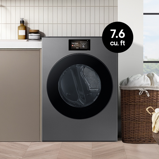 Laundry room setup with the 7.6 cu. ft. Bespoke AI Ultra Capacity Front Load Dryer.