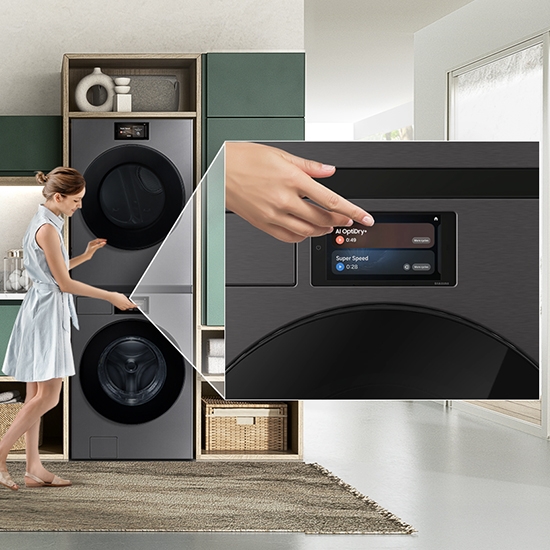 Zoomed in view of Bespoke AI Ultra Capacity Front Load Dryer with screen showing easy controls.