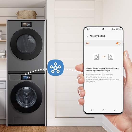 Bespoke AI Ultra Capacity Front Load Dryer and SmartThings app.