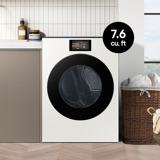 Laundry room setup with the 7.6 cu. ft. Bespoke AI Ultra Capacity Front Load Dryer.