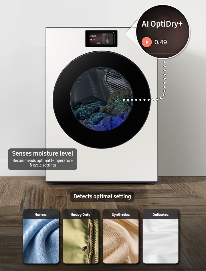 Front view of Bespoke AI Ultra Capacity Front Load Dryer with screen showing AI OptiDry+