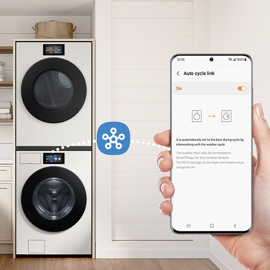 Bespoke AI Ultra Capacity Front Load Dryer and SmartThings app.