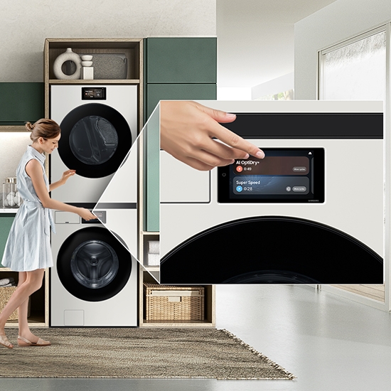 Zoomed in view of Bespoke AI Ultra Capacity Front Load Dryer with screen showing easy controls.