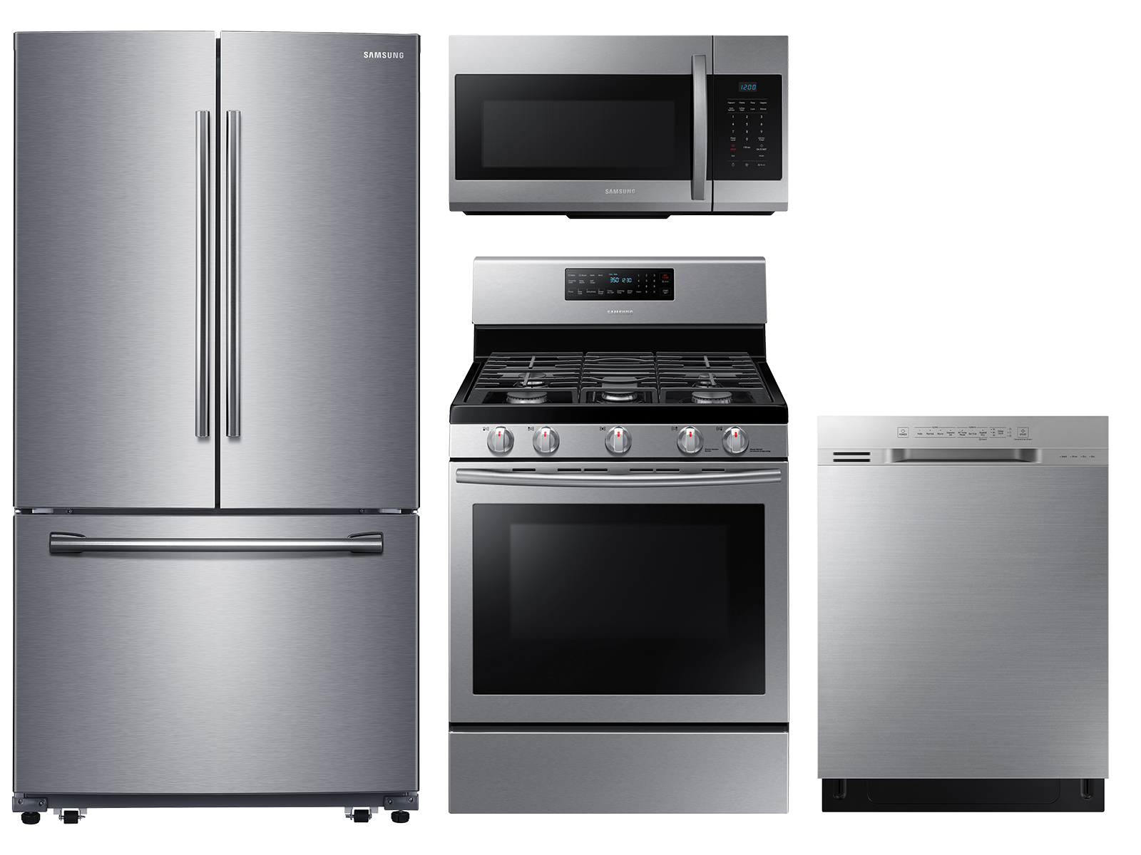 Samsung 3-door Refrigerator + Gas Range + Dishwasher + Microwave Kitchen Package in Stainless Steel Samsung 3-door Refrigerator + Gas Range + Dishwasher + Microwave Kitchen Package in Stainless Steel