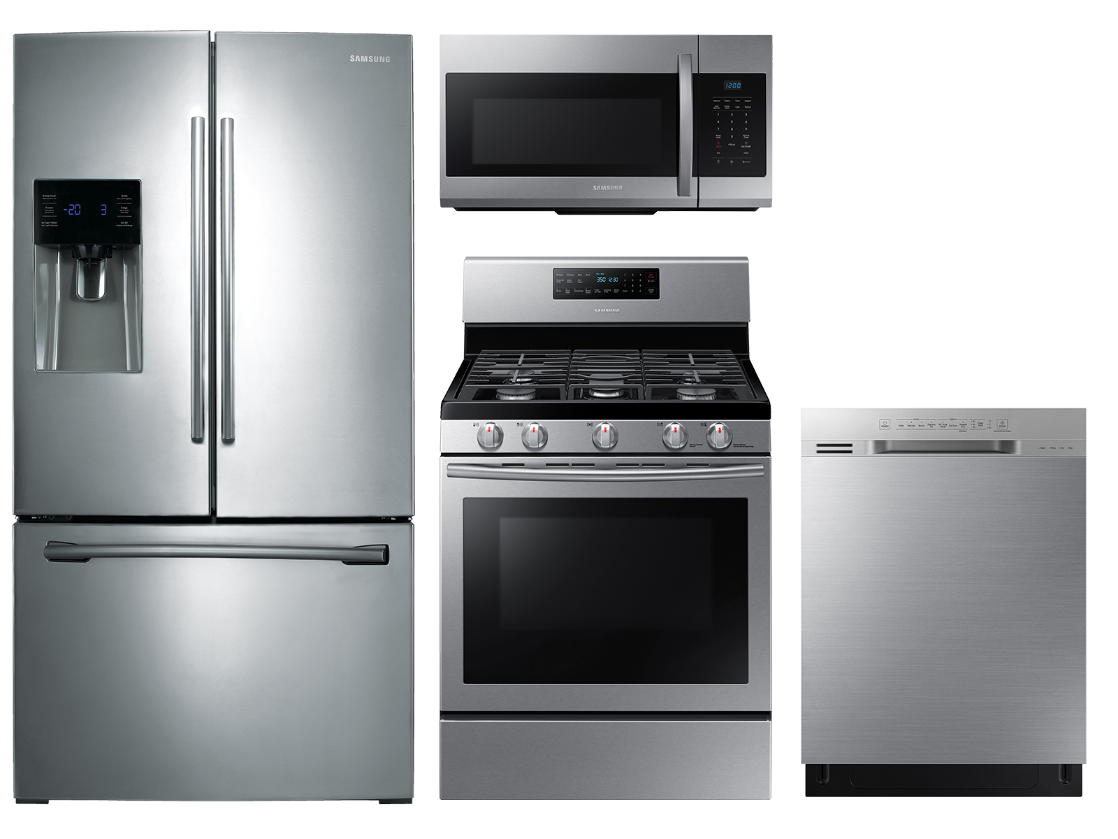 Samsung 3-door Refrigerator + Freestanding Gas Range + Dishwasher + Microwave Kitchen Package in Stainless Steel Samsung 3-door Refrigerator + Freestanding Gas Range + Dishwasher + Microwave Kitchen Package in Stainless Steel