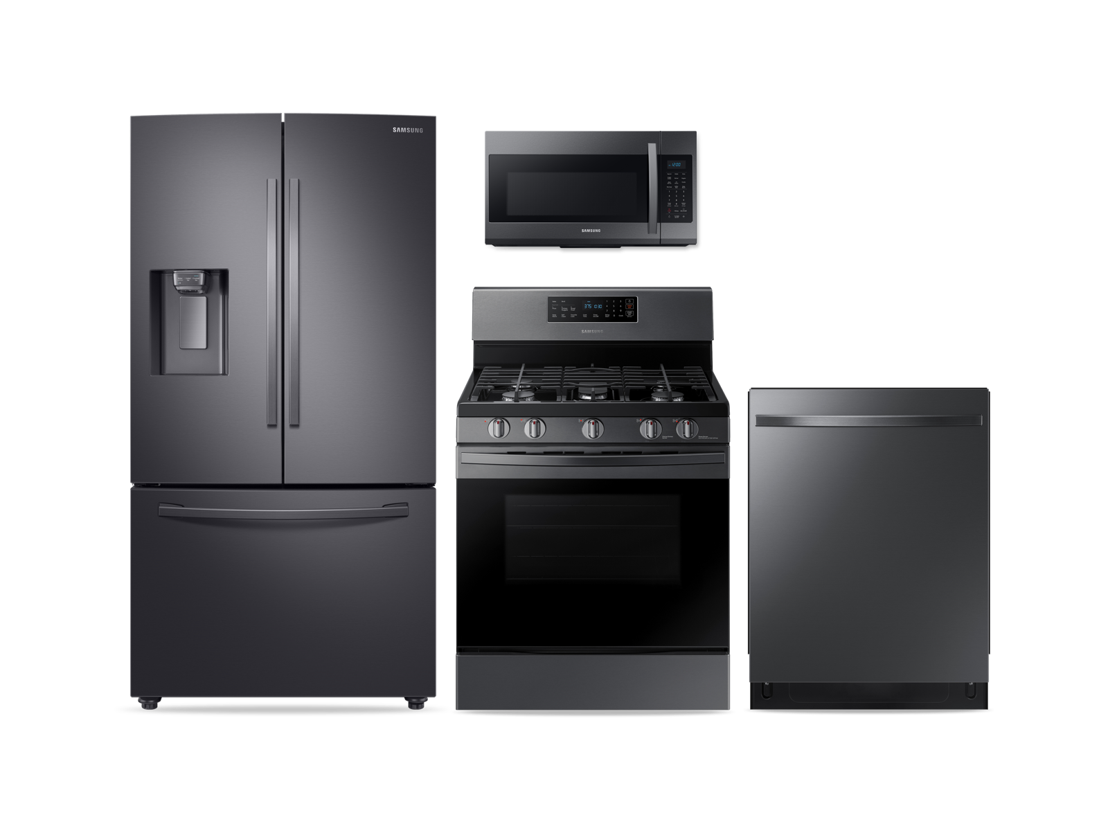 Large Capacity 3-door Refrigerator + Gas Range + StormWash Dishwasher + Microwave Kitchen Package in Black Stainless