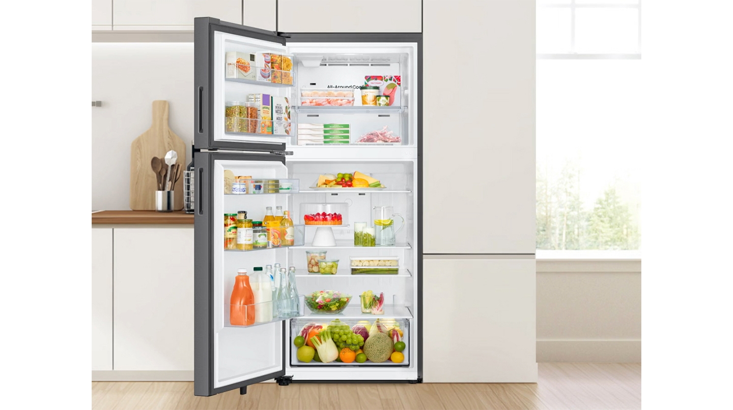 Inside view of refrigerator with ice maker accessory for convenient and automatic ice