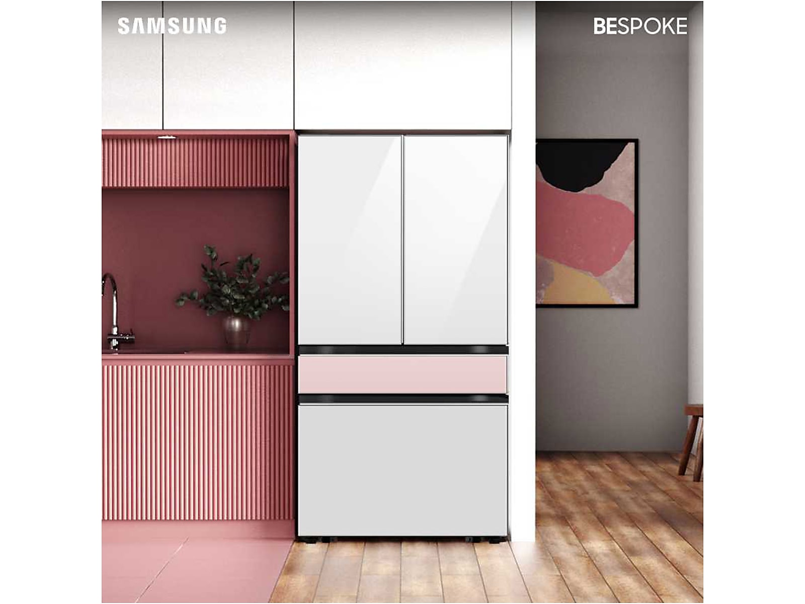 Samsung Bespoke 4-Door French Door Refrigerator (29 cu. ft.) with AutoFill Water Pitcher and Customizable Door Panel Colors in White Glass with Pink Glass Middle Panel photo