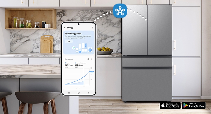 Smartphone connected to smart fridge via SmartThings and showing energy efficiency