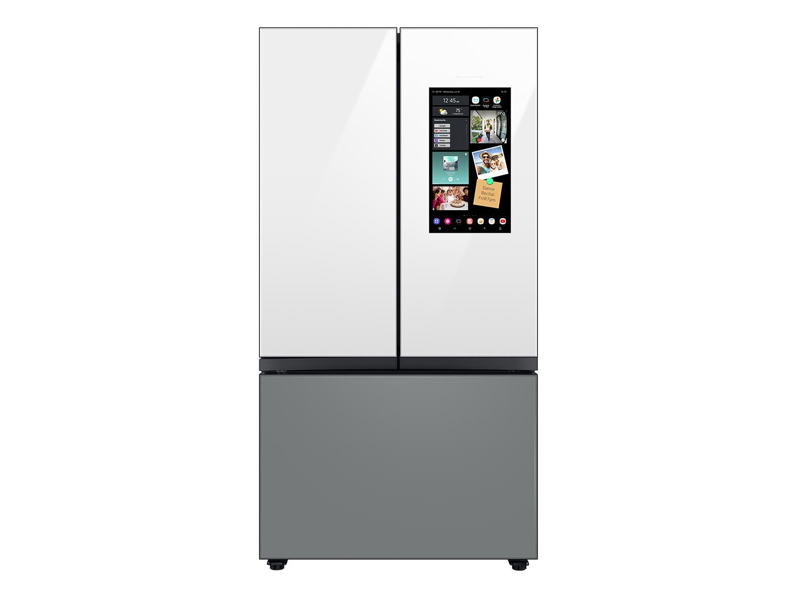 Thumbnail image of Bespoke 3-Door French Door Refrigerator (24 cu. ft.) &ndash; with Top Left and Family Hub&trade; Panel in White Glass - and Matte Grey Glass Bottom Door Panel