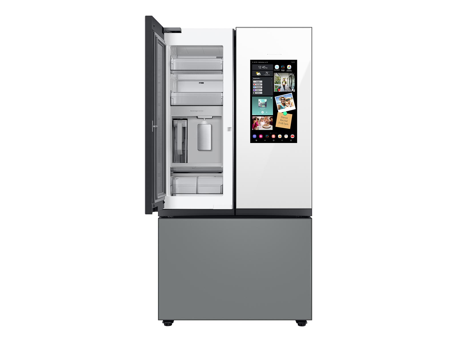 Thumbnail image of Bespoke 3-Door French Door Refrigerator (24 cu. ft.) &ndash; with Top Left and Family Hub&trade; Panel in White Glass - and Matte Grey Glass Bottom Door Panel