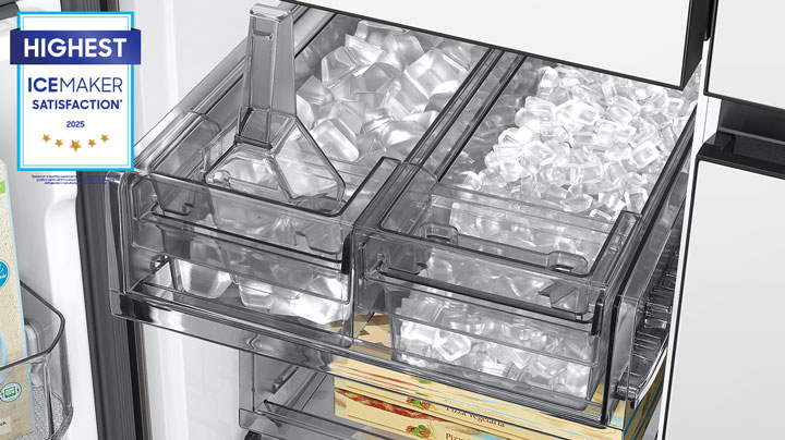 Inside Samsung Bespoke refrigerator with open dual ice maker trays
