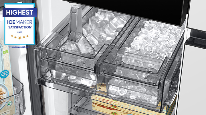 Inside Samsung Bespoke refrigerator with open dual ice maker trays